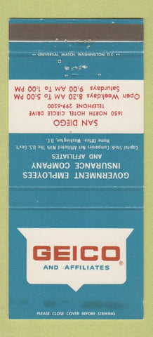 Matchbook Cover - Geico Insurance San Diego CA  30 Strike