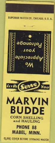 Matchbook Cover - Marvin Budde Mabel MN Corn Shelling agriculture