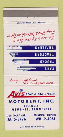 Matchbook Cover - Avis Car Rentals Motorent Memphis TN 30 Strike