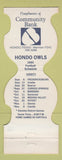 Matchbook Cover - 1985 Hondo Owls Football Community Bank Hondo TX
