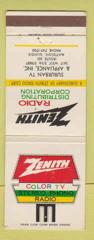 Matchbook Cover - Zenith TV Surburban Appliance Matteson IL