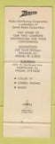 Matchbook Cover - Zenith TV Surburban Appliance Matteson IL