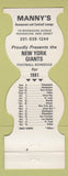 Matchbook Cover - New York Giants Football 1981 Manny's Restaurant Moonachie NJ