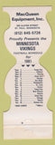 Matchbook Cover - Minnesota Vikings Football 1981 MacQueen Equipment St Paul MN