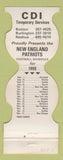 Matchbook Cover - New England Patriots Football 1980 CDI Temp Services Boston MA
