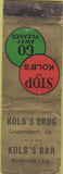 Matchbook Cover - Kolb's Logansport Keithville LA WORN