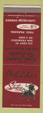 Matchbook Cover - Phil Lehr's Steak San Francisco CA