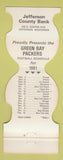 Matchbook Cover - Green Bay Packers Football 1981 Jefferson WI Bank