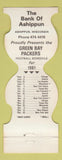 Matchbook Cover - Green Bay Packers Football 1981 Ashippun WI Bank