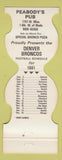 Matchbook Cover - Denver Broncos Football 1981 Peabody's Pub Denver Colorado
