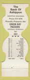 Matchbook Cover - Green Bay Packers Football 1981 Ashippun WI Bank