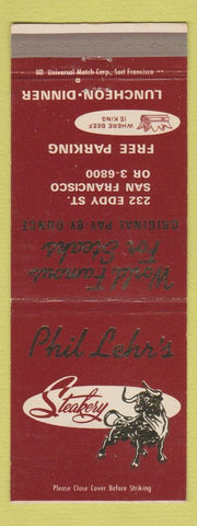 Matchbook Cover - Phil Lehr's Steak San Francisco CA