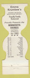 Matchbook Cover - Minnesota Vikings Football 1982 Emma Krumbee's Belle Plaine MN
