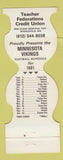 Matchbook Cover - Minnesota Vikings Football 1981 Teacher CU Minneapolis MN
