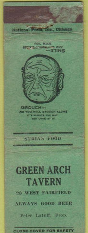 Matchbook Cover - Green Arch Tavern Syrian food 30's NO TOWN WEAR