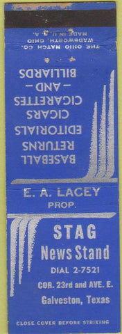 Matchbook Cover - Stag News Stand Galveston TX billiards baseball cigars