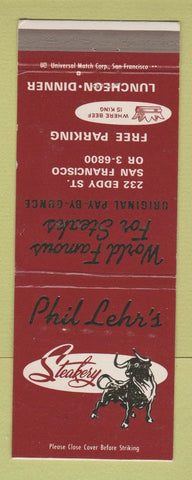 Matchbook Cover - Phil Lehr's Steak San Francisco CA