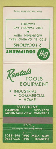 Matchbook Cover - B&H Rental Tool Equipment Mountain View Campbell CA