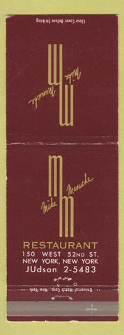 Matchbook Cover - Mike Manuche Restaurant New York City