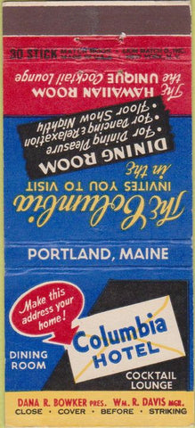 Matchbook Cover - Columbia Hotel Portland ME 30 Stick