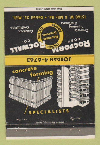 Matchbook Cover - Rocform Rocwall Concrete Forming Detroit MI 40 Strike