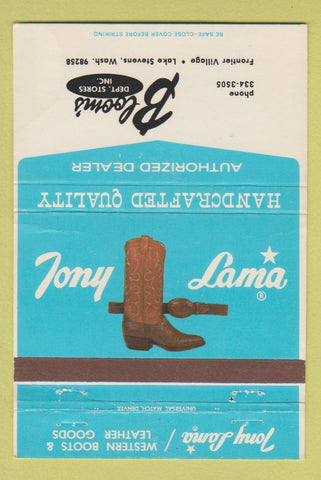 Matchbook Cover - Tony Lama Boots Lake Stevens WA WEAR 40 Strike