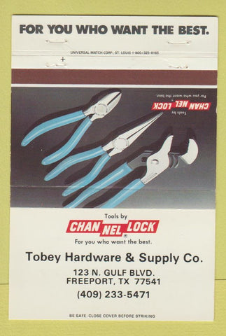 Matchbook Cover - Channel Lock Tools Tobey Hardware Freeport TX 40 Strike