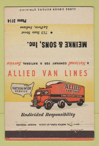Matchbook Cover - Allied Van Lines Trucking Meinke LaPorte IN 40 Strike