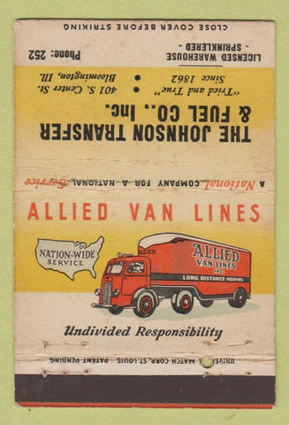 Matchbook Cover - Allied Van Lines Trucking Johnson Bloomington IL 40 Strike