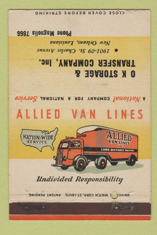 Matchbook Cover - Allied Van Lines Trucking New Orleans LA 40 Strike