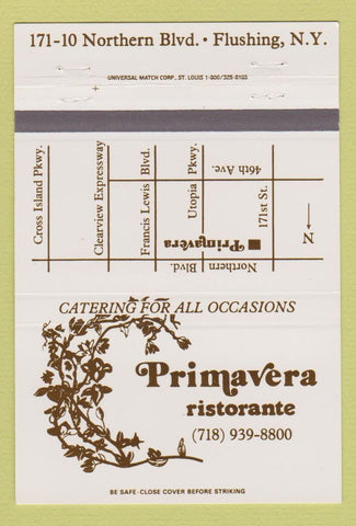 Matchbook Cover - Primavera Ristorante Flushing NY 40 Strike