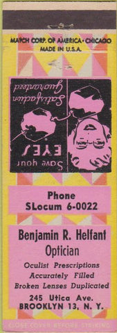 Matchbook Cover - Helfant Optician Brooklyn NY girlie glasses