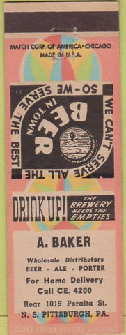 Matchbook Cover - A. Baker Distributor beer Pittsburgh PA