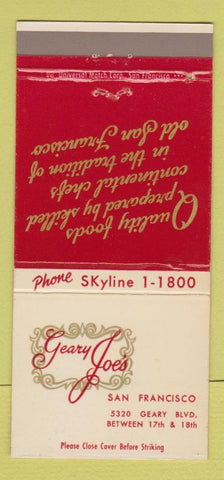 Matchbook Cover - Geary Joe's San Francisco CA 30 Strike