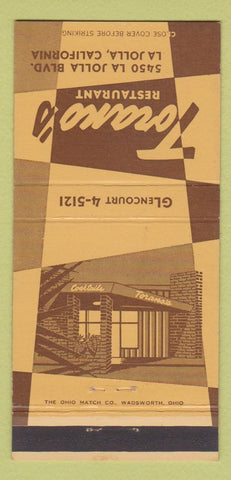 Matchbook Cover - Torano's Restaurant La Jolla CA 30 Strike