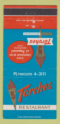 Matchbook Cover - 5 Torches Restaurant Inglewood CA WORN 30 Strike