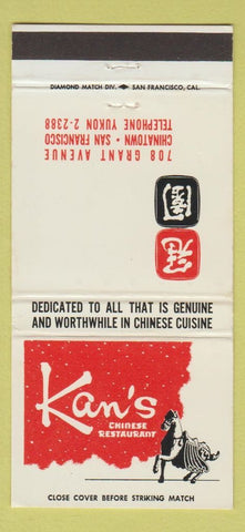 Matchbook Cover - Kan's Chinese Restaurant San Francisco CA 30 Strike