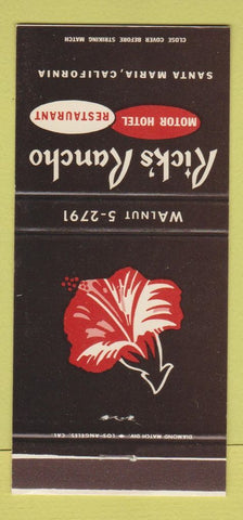 Matchbook Cover - Rick's Rancho Motor Hotel Santa Maria CA 30 Strike