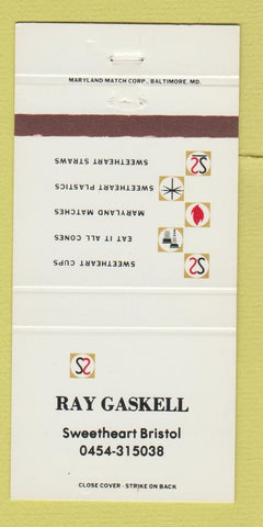 Matchbook Cover - Ray Gaskell Sweetheart Cups cones 30 Strike