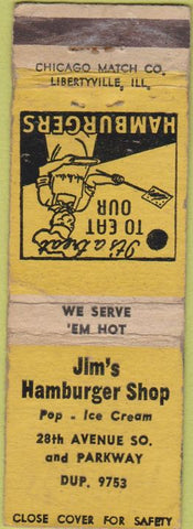 Matchbook Cover - Jim's Hamburgers NO TOWN WORN