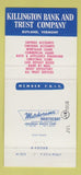 Matchbook Cover - Killington Bank and Trust Rutland VT 30 Strike