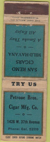 Matchbook Cover - Petrone Bros Sam Remo Cigars NO CITY 30's Long WEAR