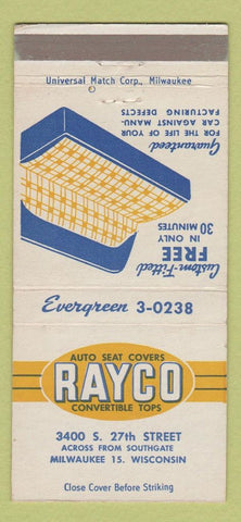 Matchbook Cover - Rayco Auto Seat Covers Convertible Tops Milwaukee WI 30 Strike