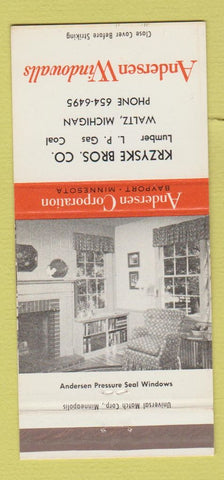 Matchbook Cover - Andersen Windows Krzyske Bros Lumber Waltz MI 30 Strike