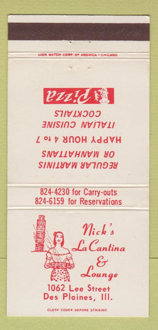 Matchbook Cover Nick's La Cantina Italian Des Plaines IL Girlie pizza 30 Strike