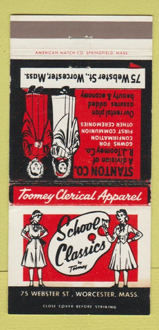 Matchbook Cover - Toomey Clerical Clothes Worcester MA priest robes 30 Strike