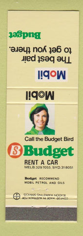 Matchbook Cover - Mobil oil gas Budget Car Rentals Australia girlie