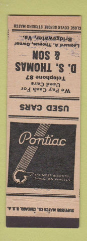 Matchbook Cover - DS Thomas Pontiac Bridgewater VA low phone # WEAR
