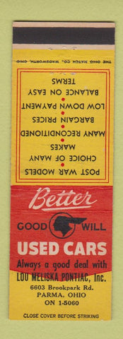 Matchbook Cover - Lou Meliska Pontiac Parma OH