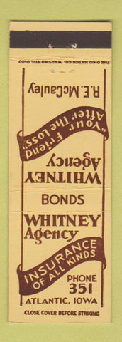 Matchbook Cover - Whitney Insurance Agency Atlantic IA low phone #